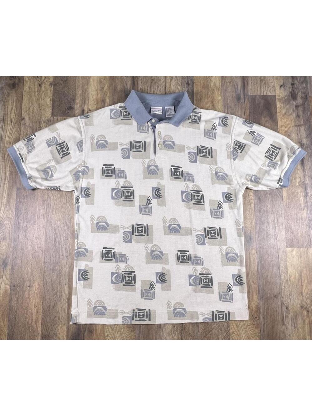 Vintage 90s Bugle Boy Tan Tribal Aztec Polo Shirt Retro Dad Mens Sz XL Boxy